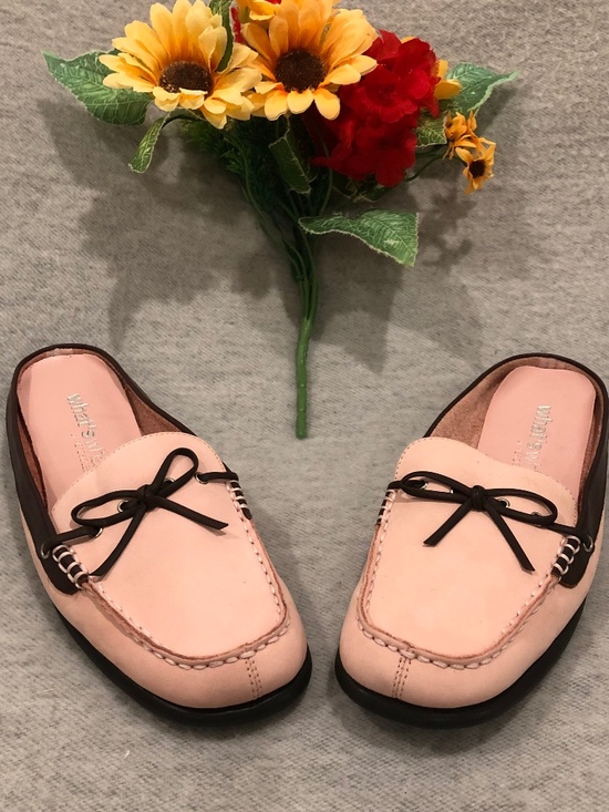 Women NWOT - Aerosoles ‘What’s What’ Light Pink Leather Loafer Mules with Brown Trim